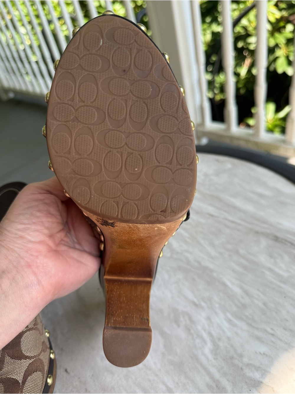 Coach Tan and Brown Logo Clog Mules with Gold Buckle - Picture 6 of 8